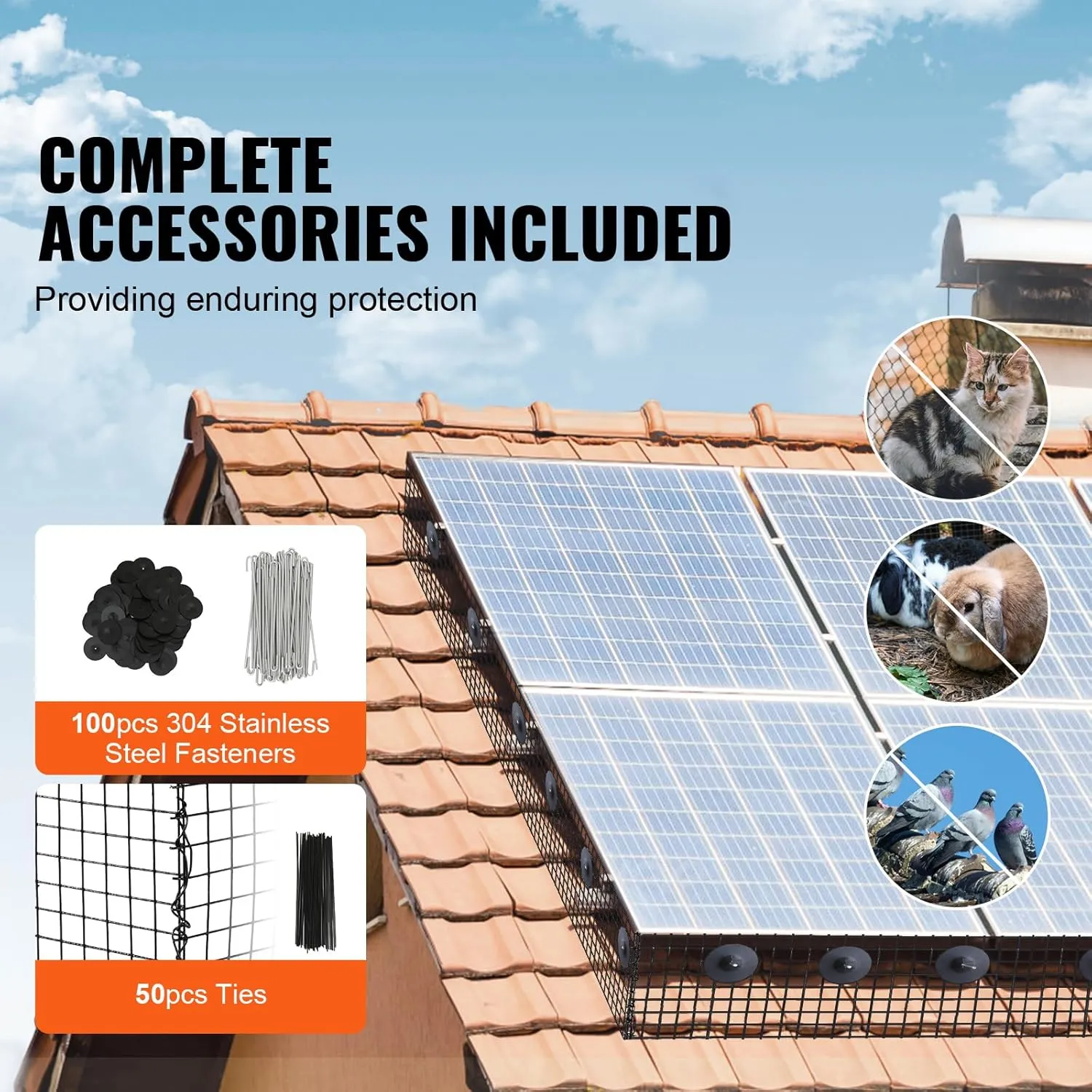 VEVOR 8in x 98ft Solar Panel Bird Guard, PVC Coated Wire Mesh Roll Kit with 100pcs Fasteners,Critter Fence,Pigeon Proofing, Black