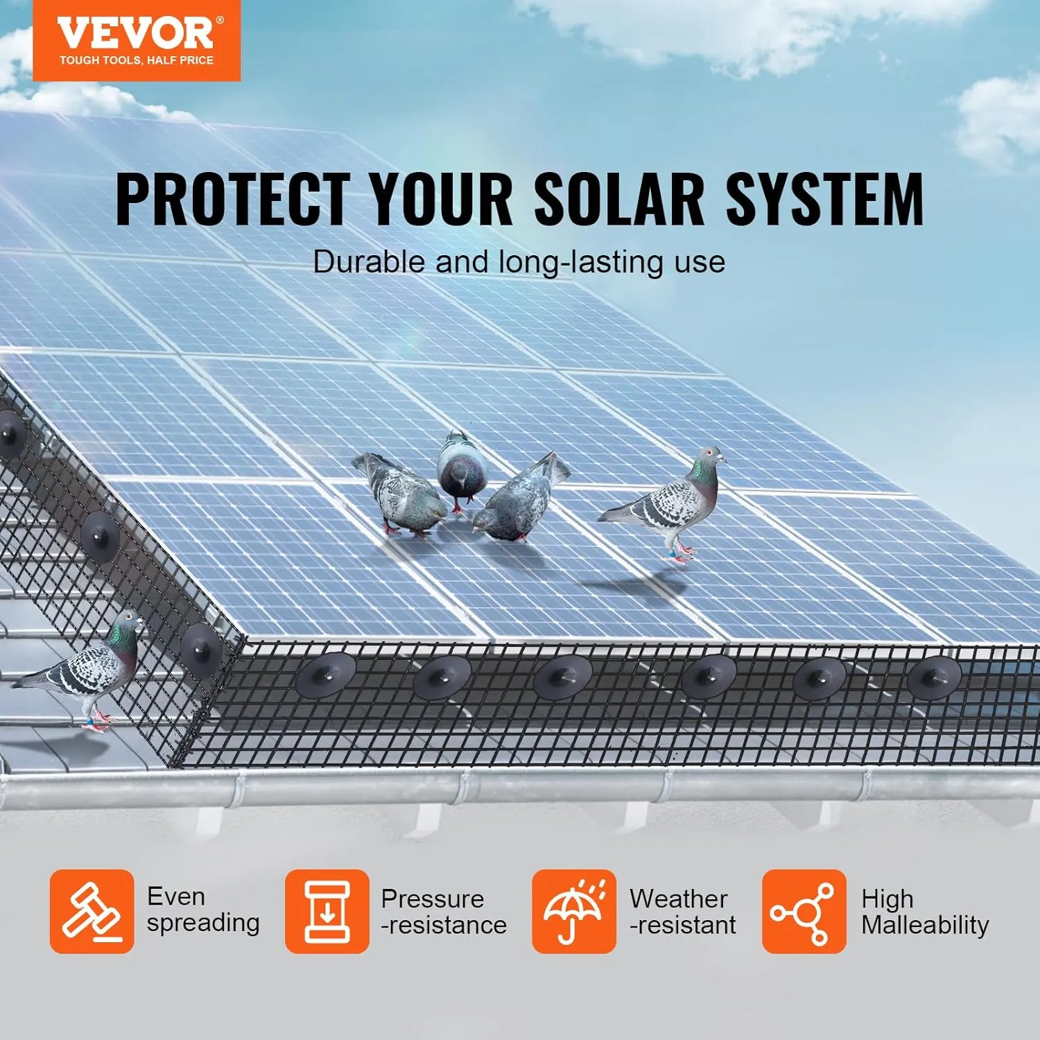 VEVOR 8in x 98ft Solar Panel Bird Guard, PVC Coated Wire Mesh Roll Kit with 100pcs Fasteners,Critter Fence,Pigeon Proofing, Black