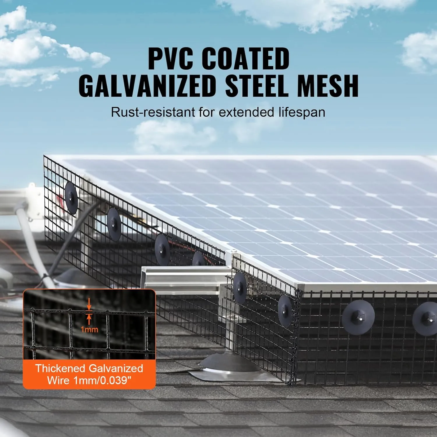 VEVOR 8in x 98ft Solar Panel Bird Guard, PVC Coated Wire Mesh Roll Kit with 100pcs Fasteners,Critter Fence,Pigeon Proofing, Black