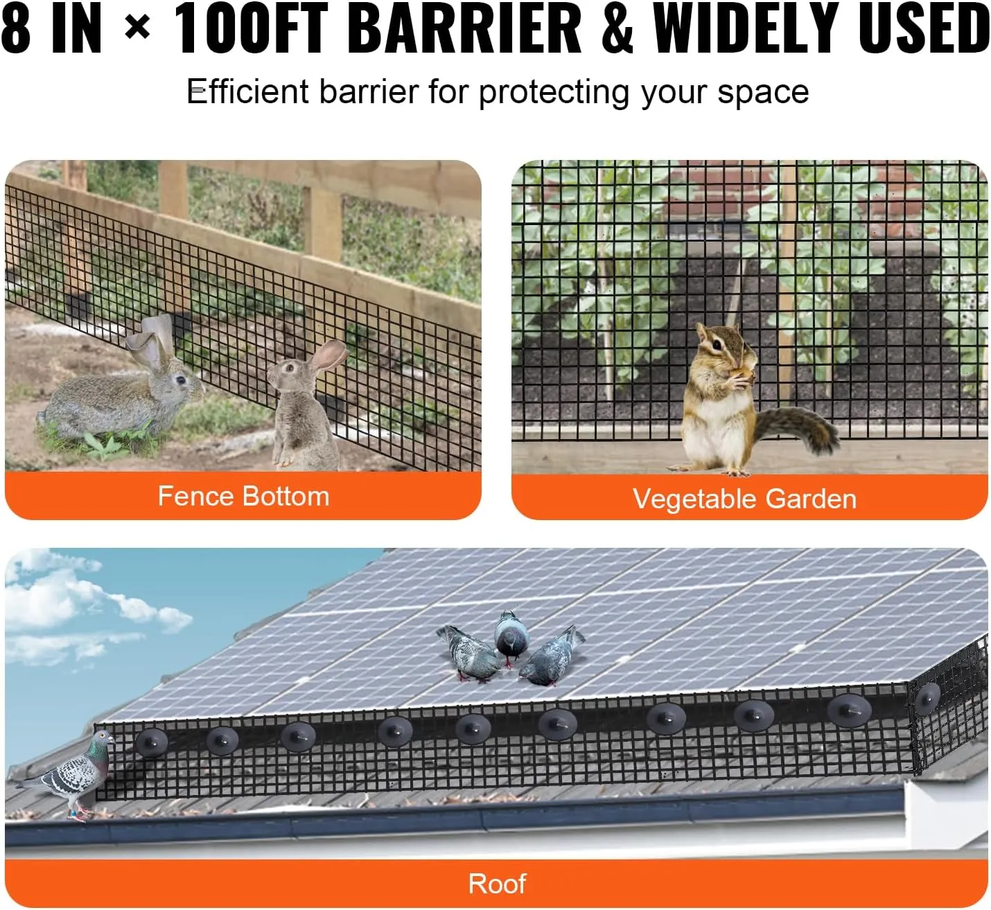 VEVOR 8in x 98ft Solar Panel Bird Guard, PVC Coated Wire Mesh Roll Kit with 100pcs Fasteners,Critter Fence,Pigeon Proofing, Black
