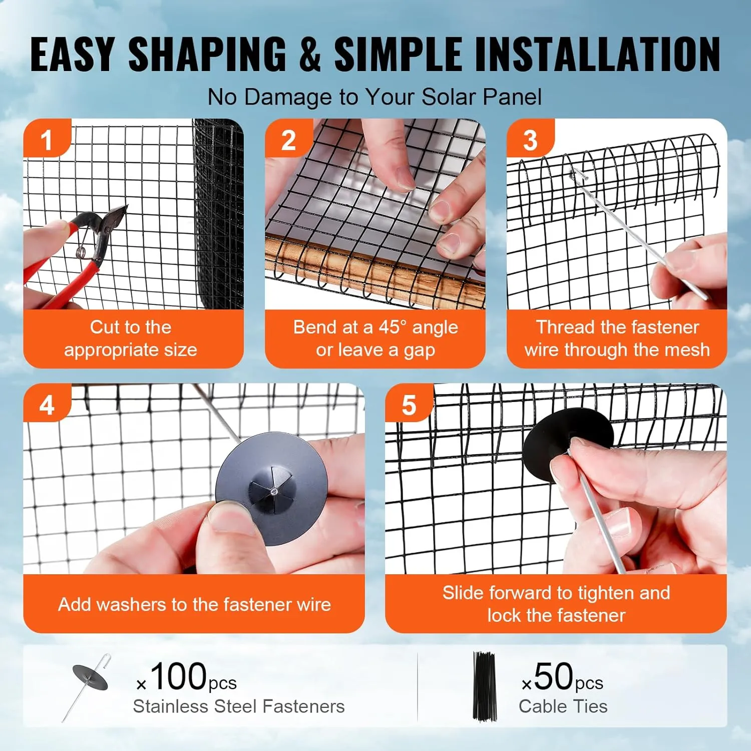 VEVOR 8in x 98ft Solar Panel Bird Guard, PVC Coated Wire Mesh Roll Kit with 100pcs Fasteners,Critter Fence,Pigeon Proofing, Black