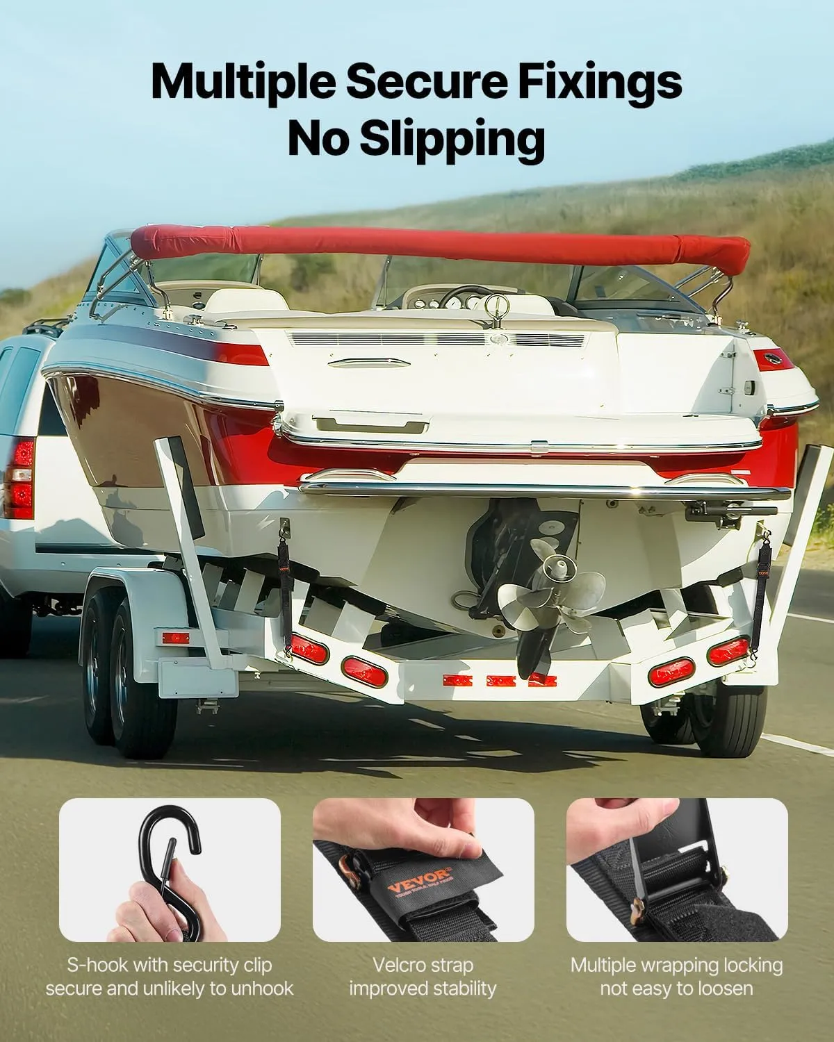 VEVOR Boat Trailer Transom Straps (2PK), 2’’ x 48’’ Adjustable Boat Straps 1,500lb Break Strength with Security Lock S Hooks and Boat Pads, Transom Tiedowns for Trailer, Boat or Kayak Secure
