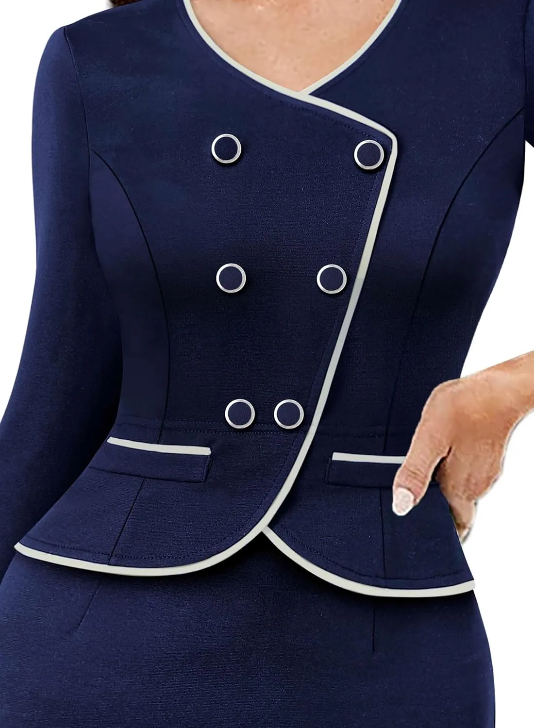 VFSHOW Womens 2024 Fall Work Business Dresses Double Breasted V Neck Office Slimming Peplum Pencil Sheath Dress