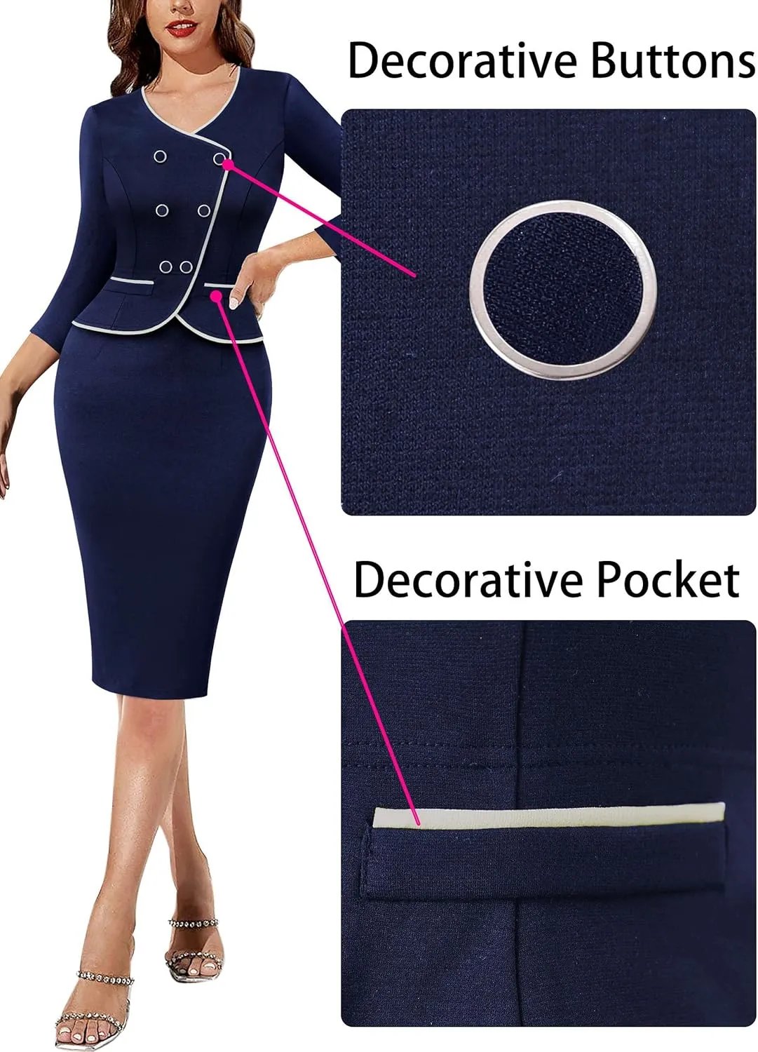 VFSHOW Womens 2024 Fall Work Business Dresses Double Breasted V Neck Office Slimming Peplum Pencil Sheath Dress