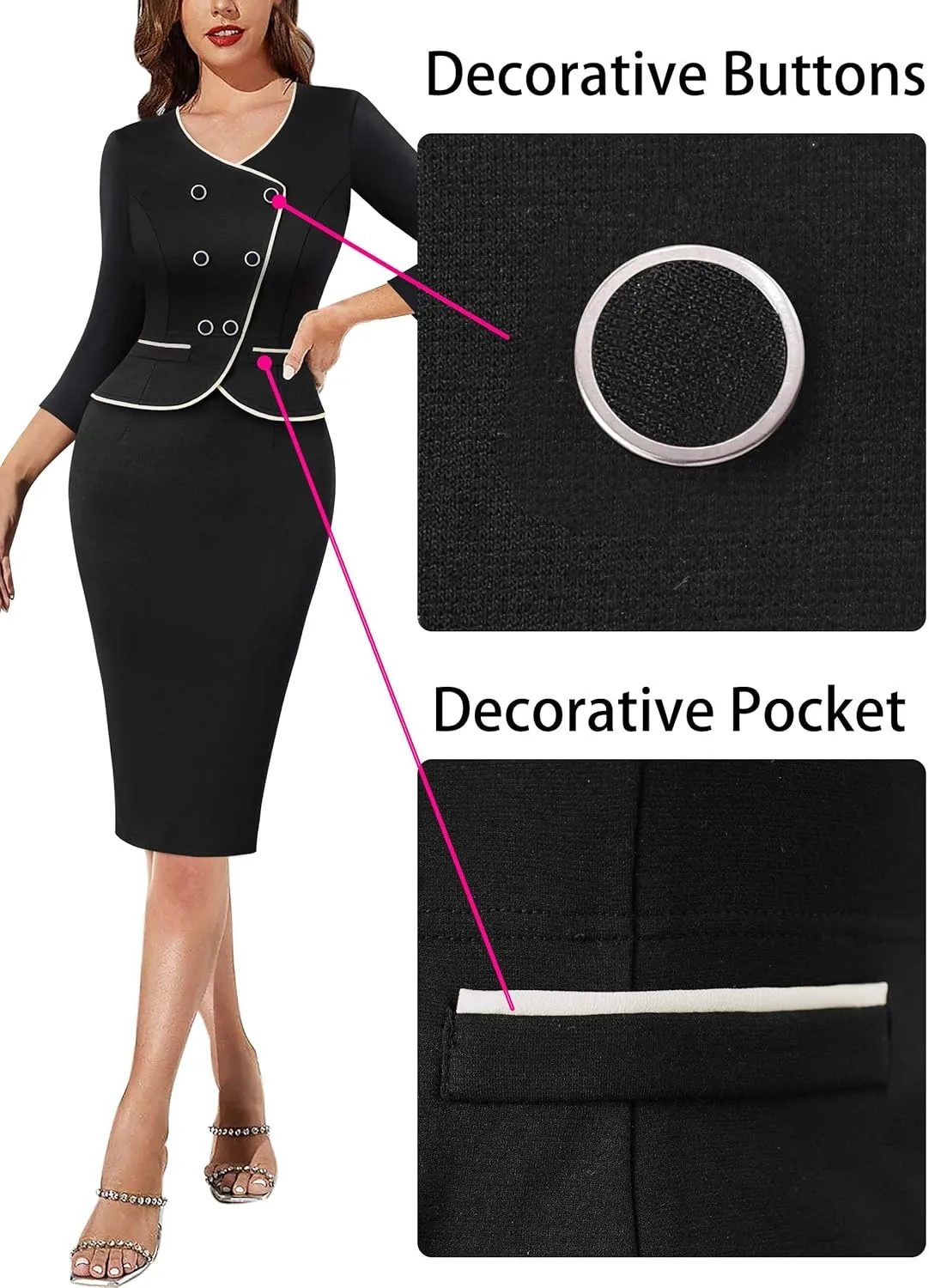 VFSHOW Womens 2024 Fall Work Business Dresses Double Breasted V Neck Office Slimming Peplum Pencil Sheath Dress