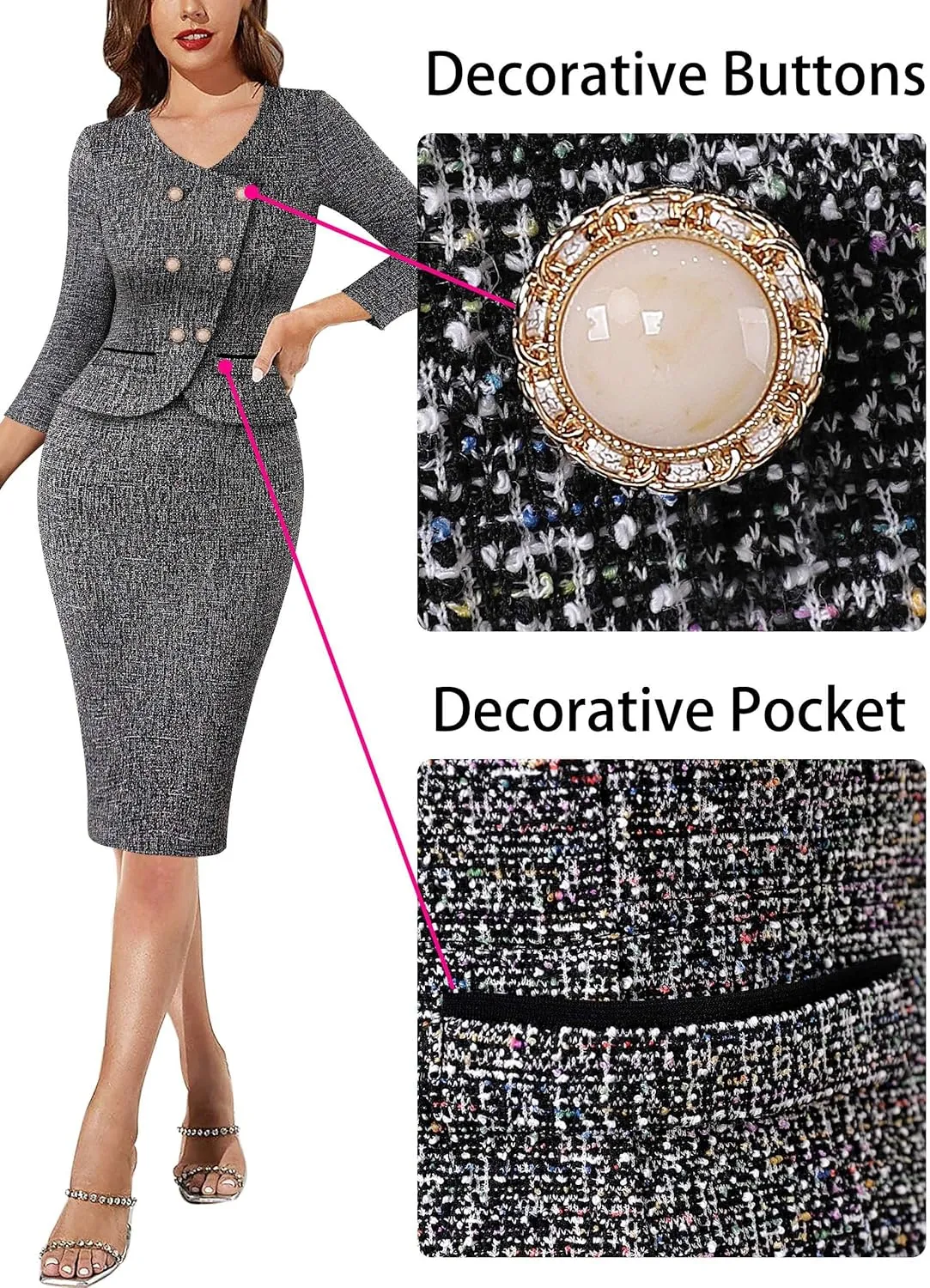 VFSHOW Womens 2024 Fall Work Business Dresses Double Breasted V Neck Office Slimming Peplum Pencil Sheath Dress