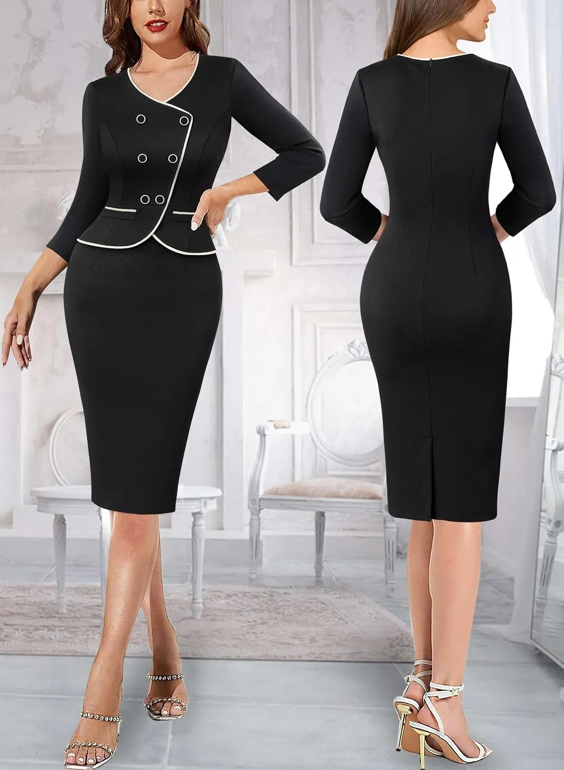 VFSHOW Womens 2024 Fall Work Business Dresses Double Breasted V Neck Office Slimming Peplum Pencil Sheath Dress