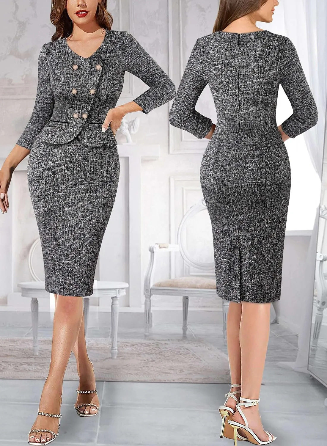 VFSHOW Womens 2024 Fall Work Business Dresses Double Breasted V Neck Office Slimming Peplum Pencil Sheath Dress