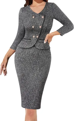 VFSHOW Womens 2024 Fall Work Business Dresses Double Breasted V Neck Office Slimming Peplum Pencil Sheath Dress