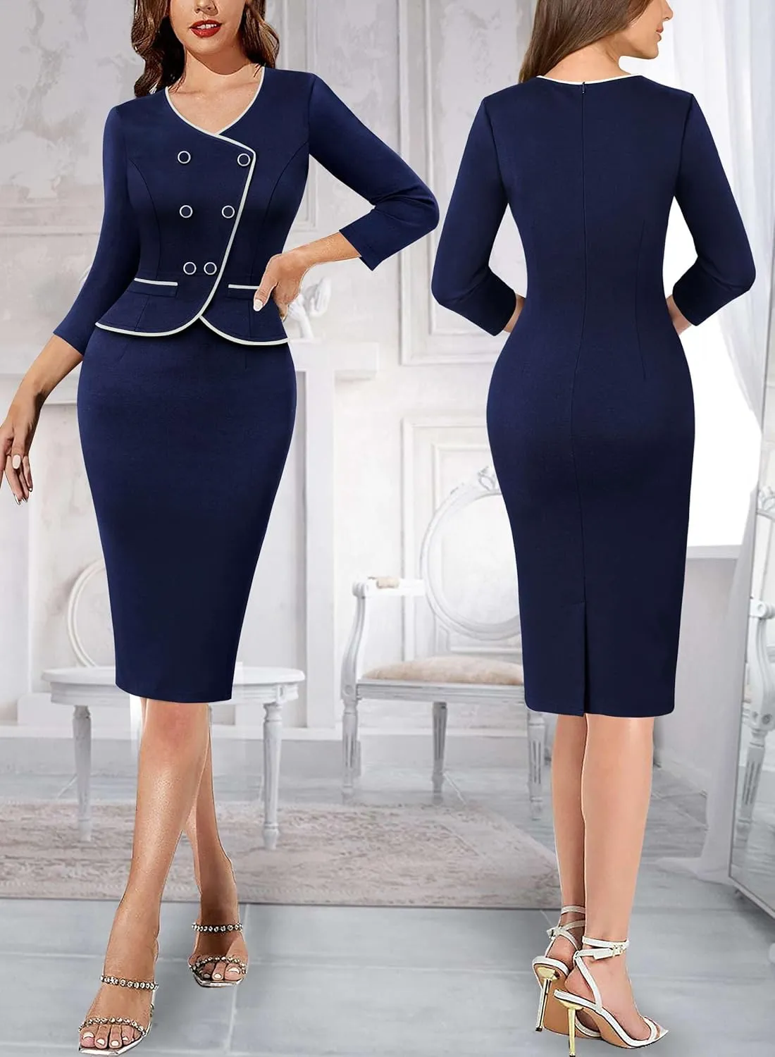 VFSHOW Womens 2024 Fall Work Business Dresses Double Breasted V Neck Office Slimming Peplum Pencil Sheath Dress