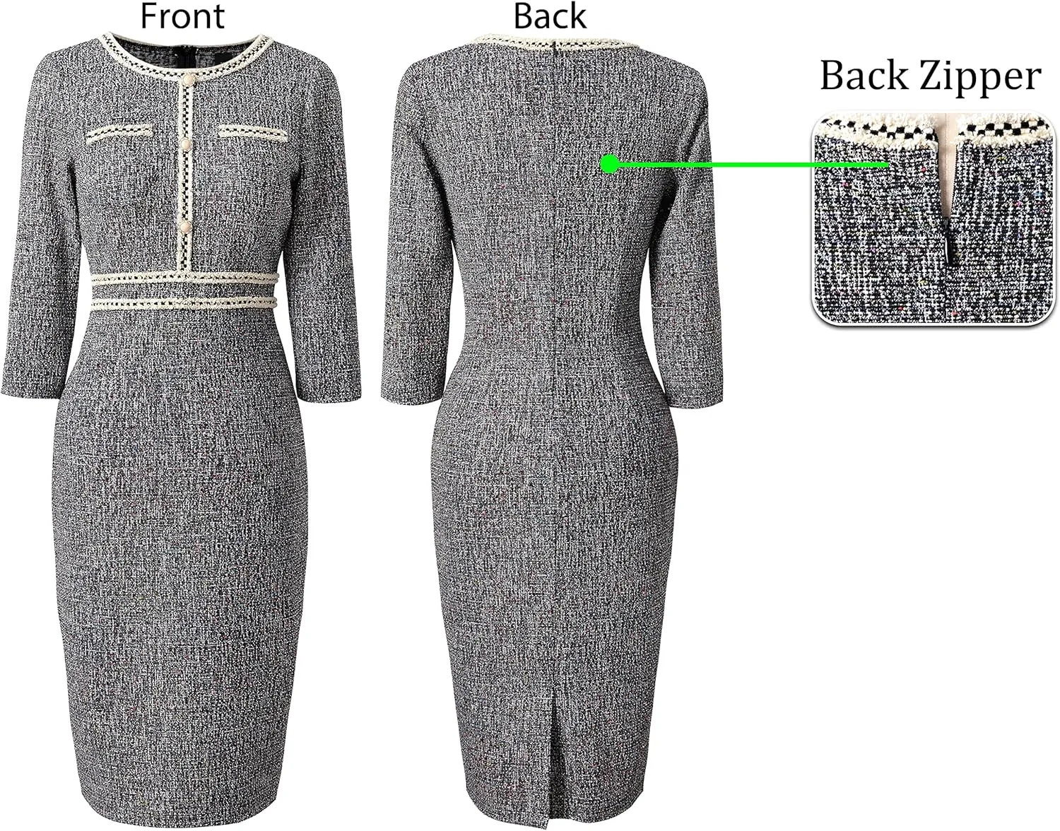 VFSHOW Womens Business Button Crew Neck Fitted Wear to Work Office Patchwork Pencil Sheath Dress