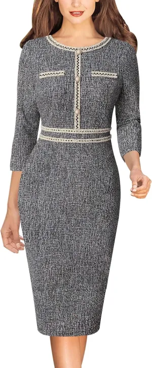VFSHOW Womens Business Button Crew Neck Fitted Wear to Work Office Patchwork Pencil Sheath Dress
