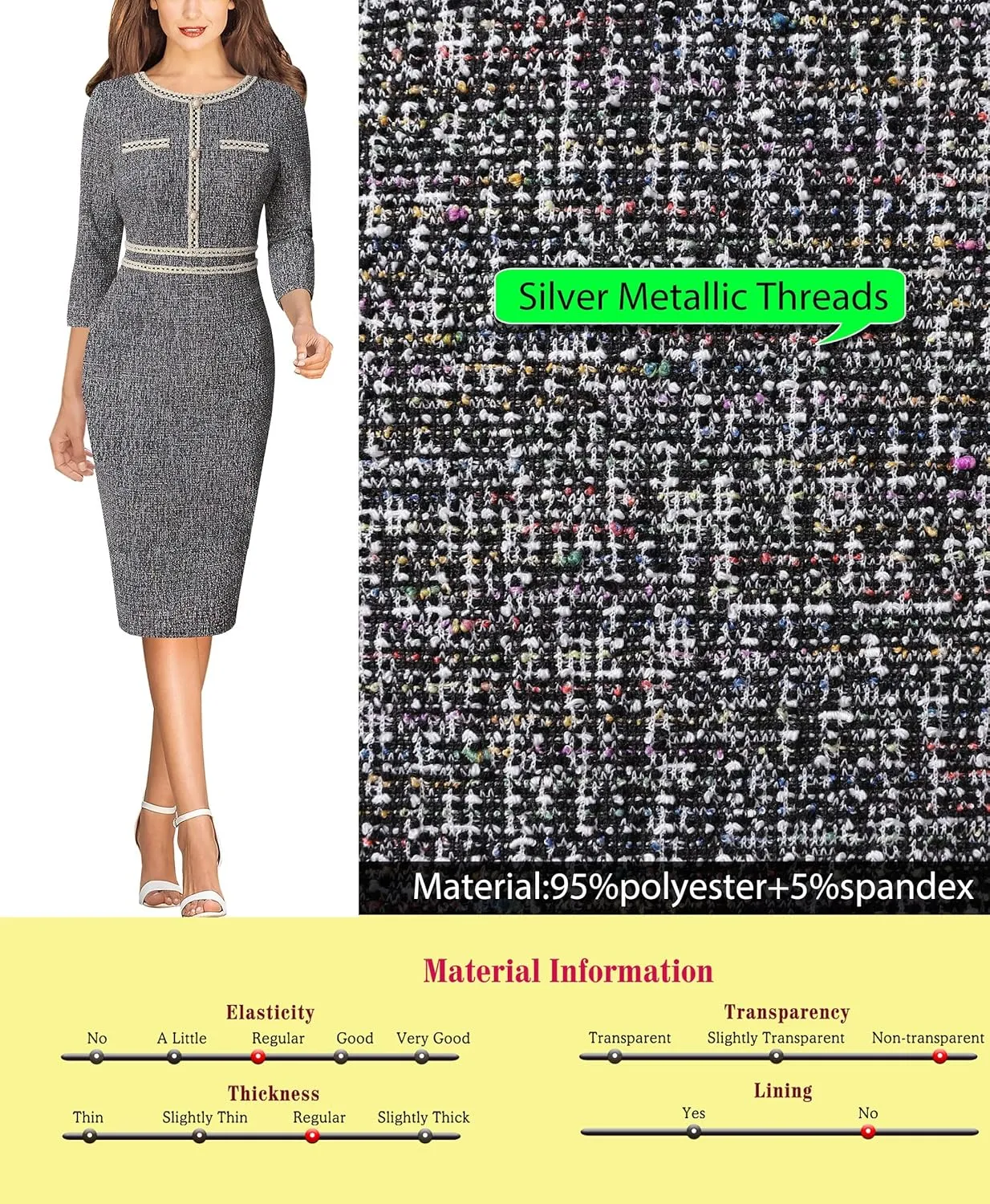 VFSHOW Womens Business Button Crew Neck Fitted Wear to Work Office Patchwork Pencil Sheath Dress