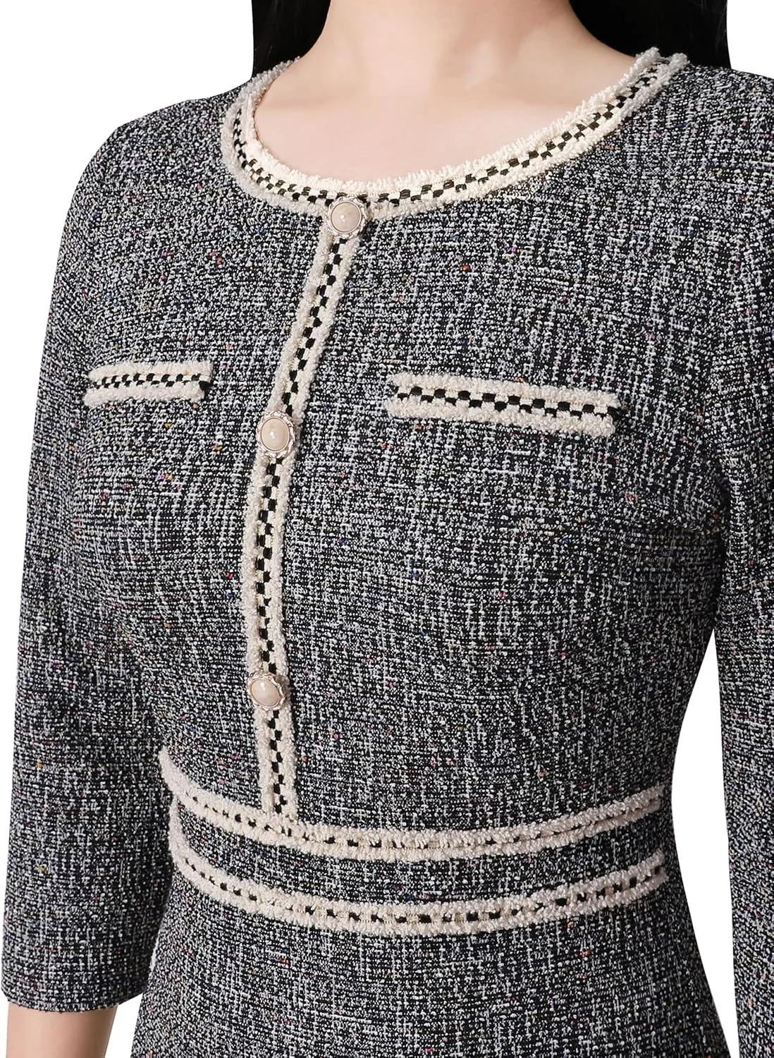 VFSHOW Womens Business Button Crew Neck Fitted Wear to Work Office Patchwork Pencil Sheath Dress