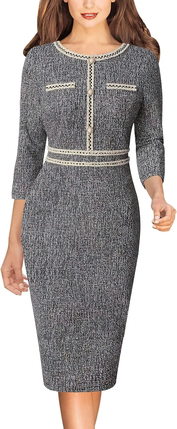 VFSHOW Womens Business Button Crew Neck Fitted Wear to Work Office Patchwork Pencil Sheath Dress