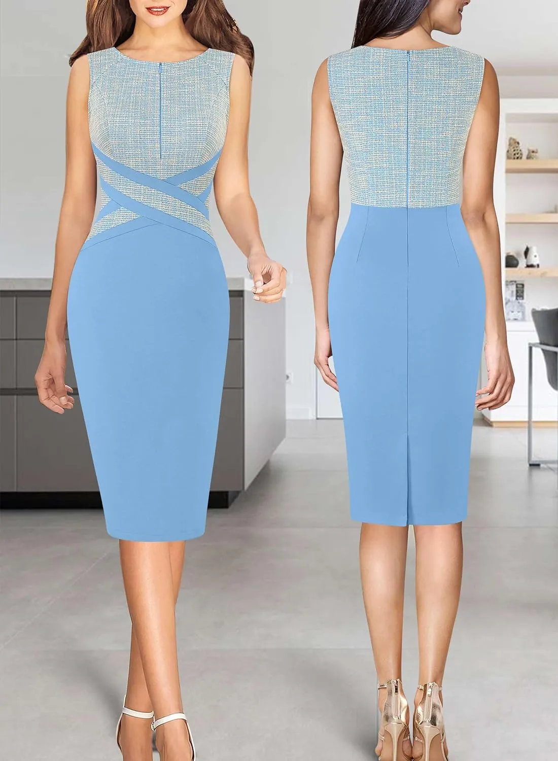 VFSHOW Womens Colorblock Patchwork Slim Front Zipper Work Business Office Party Bodycon Pencil Sheath Dress