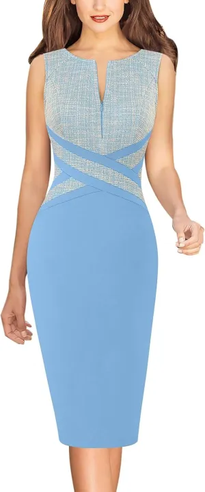 VFSHOW Womens Colorblock Patchwork Slim Front Zipper Work Business Office Party Bodycon Pencil Sheath Dress