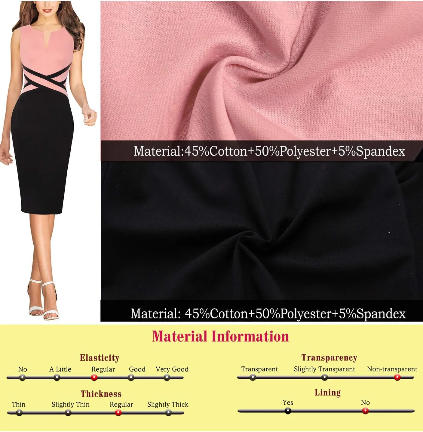 VFSHOW Womens Colorblock Patchwork Slim Front Zipper Work Business Office Party Bodycon Pencil Sheath Dress