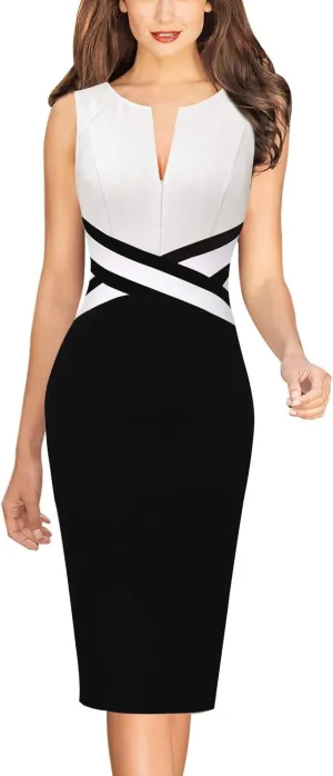 VFSHOW Womens Colorblock Patchwork Slim Front Zipper Work Business Office Party Bodycon Pencil Sheath Dress