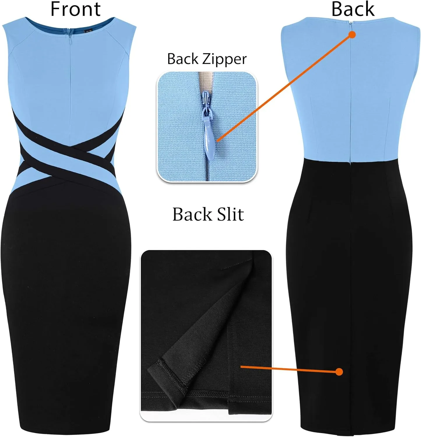 VFSHOW Womens Colorblock Patchwork Slim Front Zipper Work Business Office Party Bodycon Pencil Sheath Dress