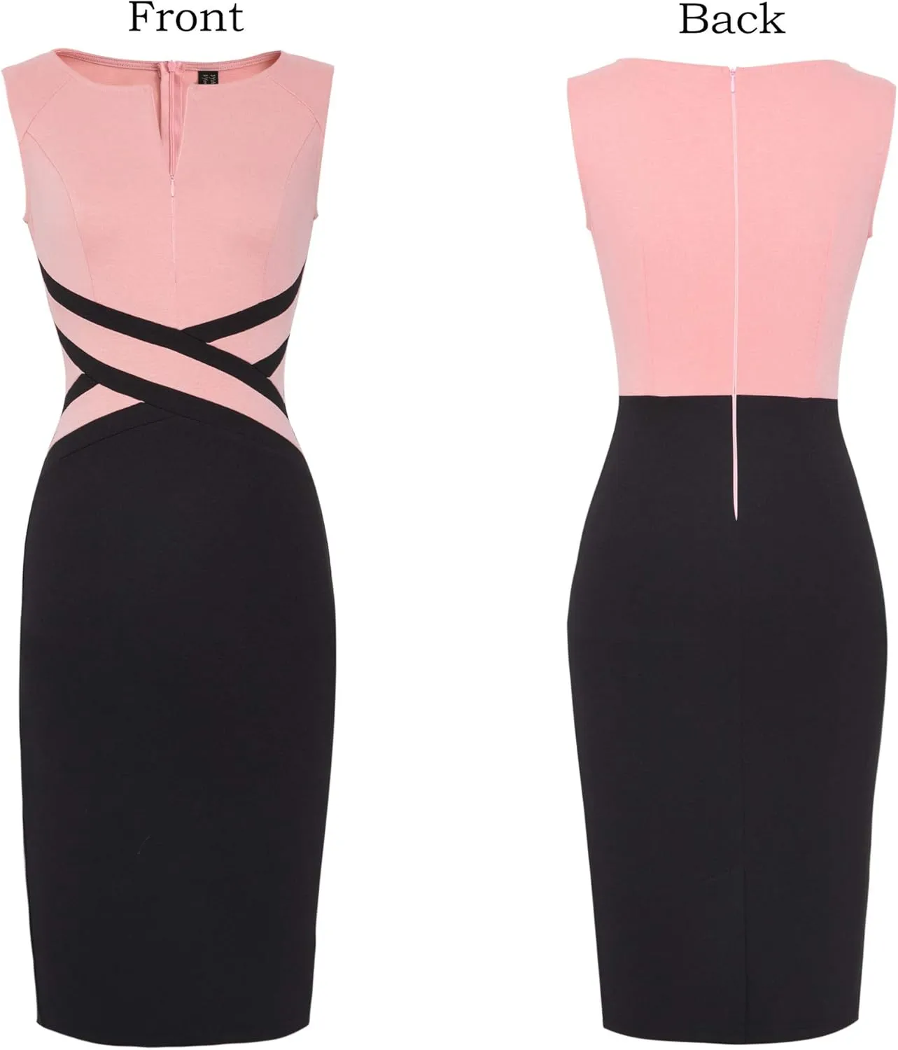 VFSHOW Womens Colorblock Patchwork Slim Front Zipper Work Business Office Party Bodycon Pencil Sheath Dress