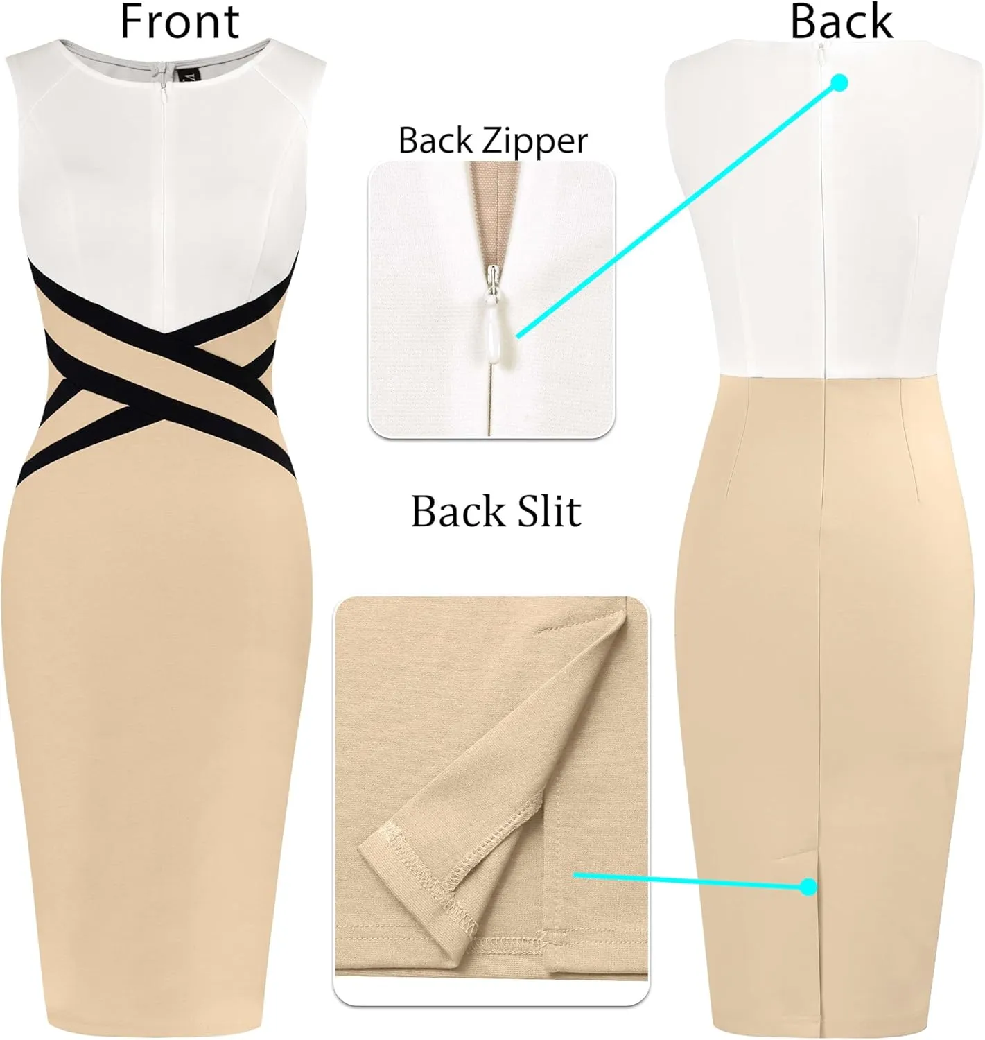 VFSHOW Womens Colorblock Patchwork Slim Front Zipper Work Business Office Party Bodycon Pencil Sheath Dress