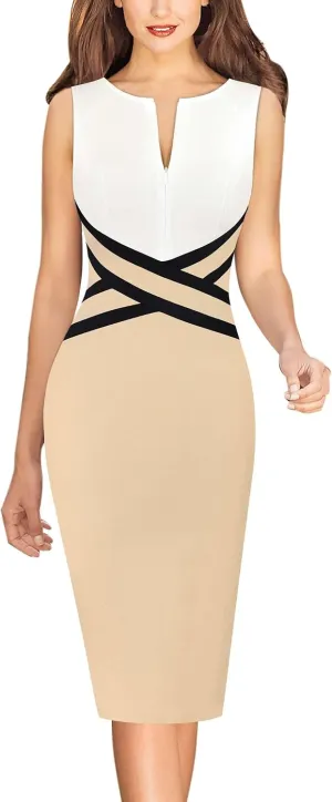 VFSHOW Womens Colorblock Patchwork Slim Front Zipper Work Business Office Party Bodycon Pencil Sheath Dress