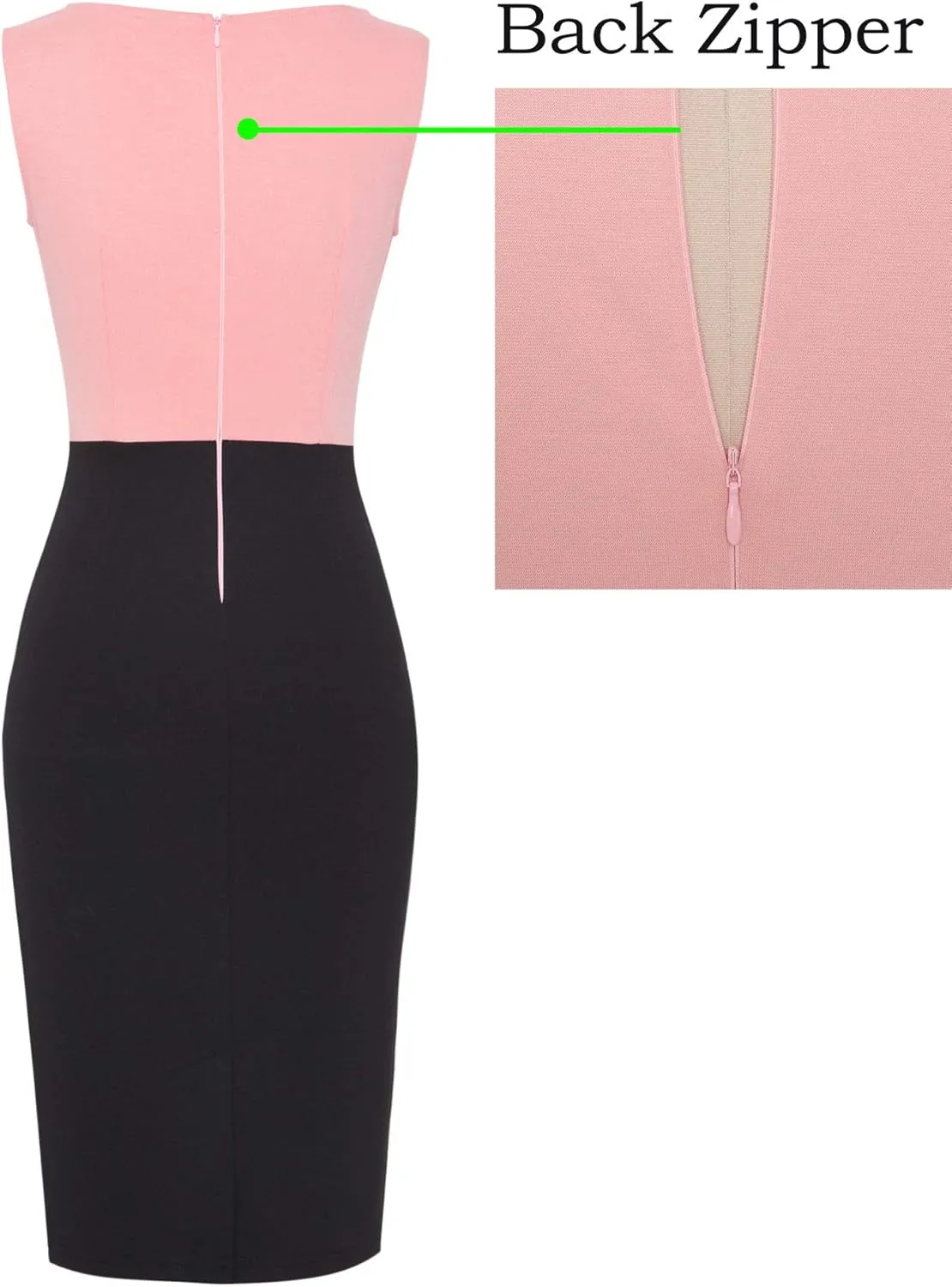 VFSHOW Womens Colorblock Patchwork Slim Front Zipper Work Business Office Party Bodycon Pencil Sheath Dress