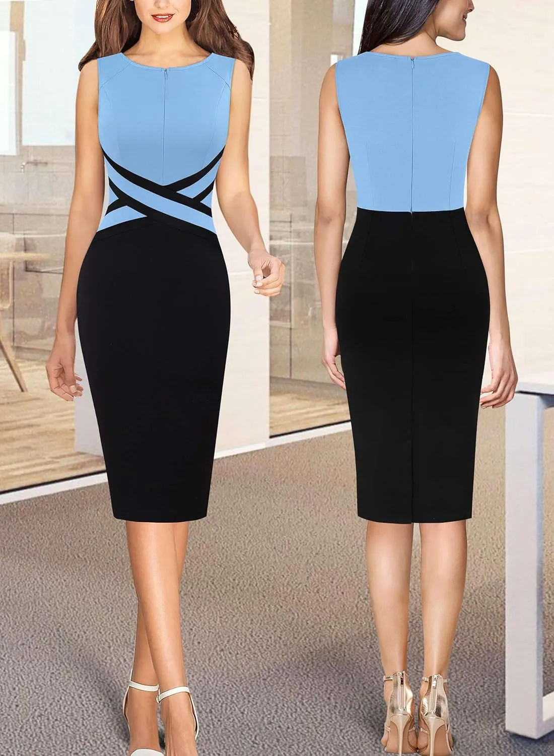 VFSHOW Womens Colorblock Patchwork Slim Front Zipper Work Business Office Party Bodycon Pencil Sheath Dress