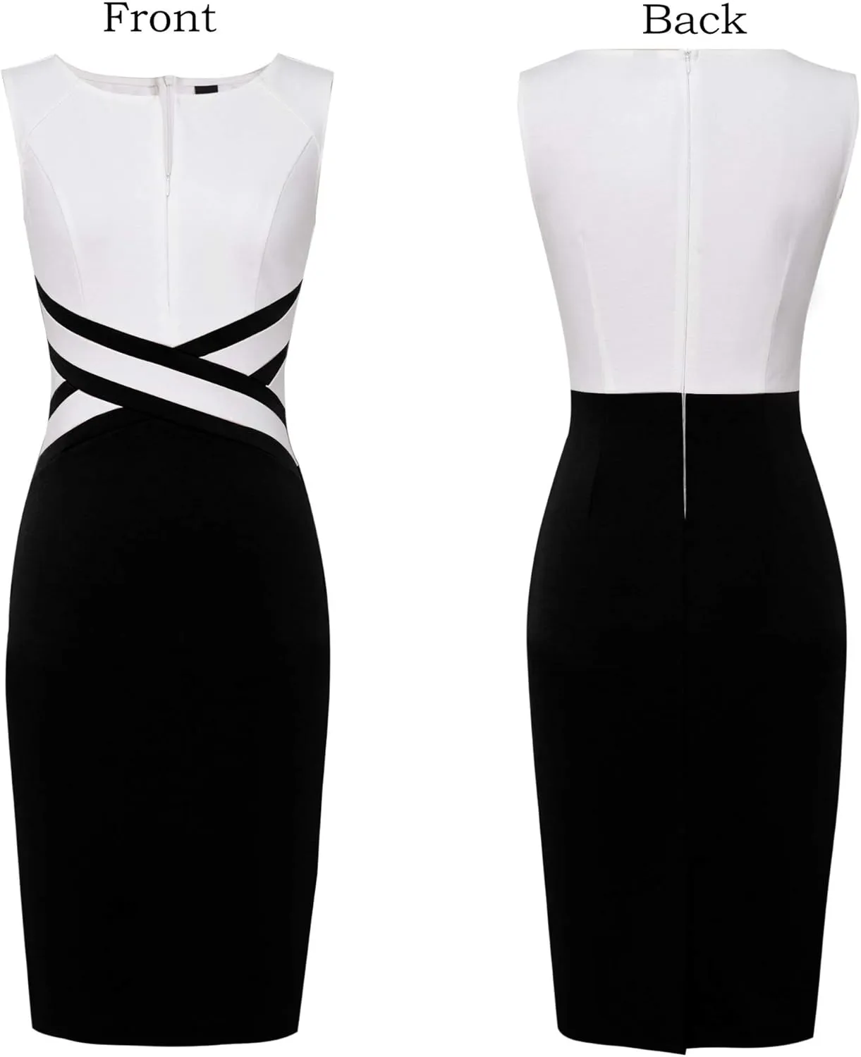 VFSHOW Womens Colorblock Patchwork Slim Front Zipper Work Business Office Party Bodycon Pencil Sheath Dress