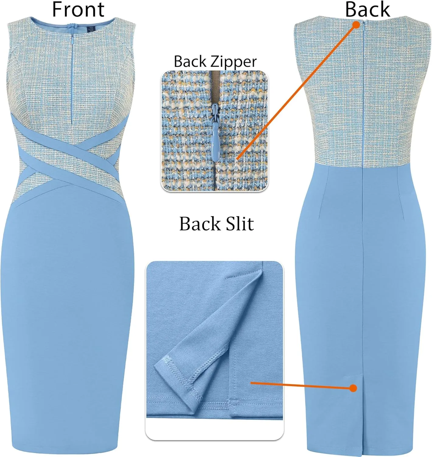 VFSHOW Womens Colorblock Patchwork Slim Front Zipper Work Business Office Party Bodycon Pencil Sheath Dress