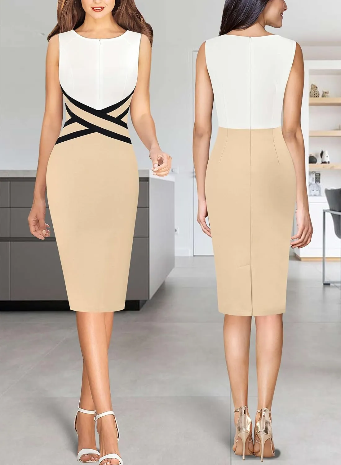 VFSHOW Womens Colorblock Patchwork Slim Front Zipper Work Business Office Party Bodycon Pencil Sheath Dress