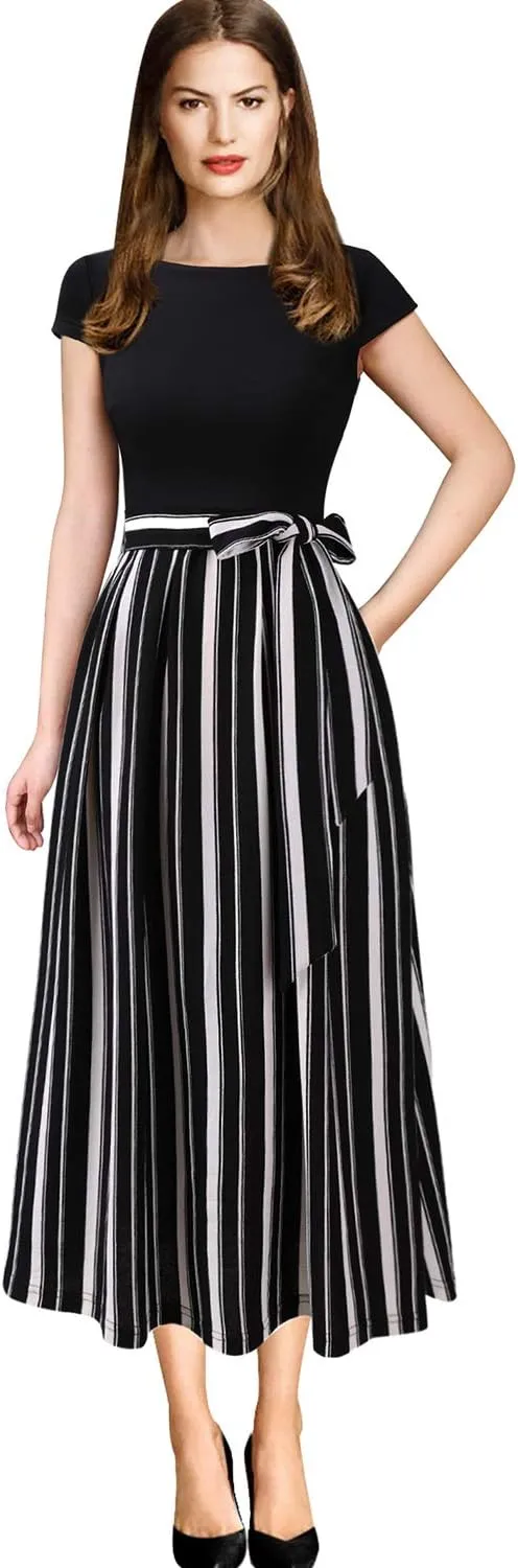 VFSHOW Womens Elegant Patchwork Pockets Belted Pleated Work Office Business Casual Party A-Line Midi Dress
