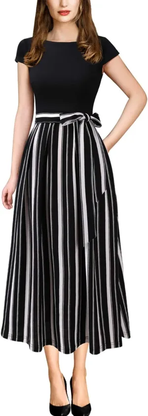 VFSHOW Womens Elegant Patchwork Pockets Belted Pleated Work Office Business Casual Party A-Line Midi Dress