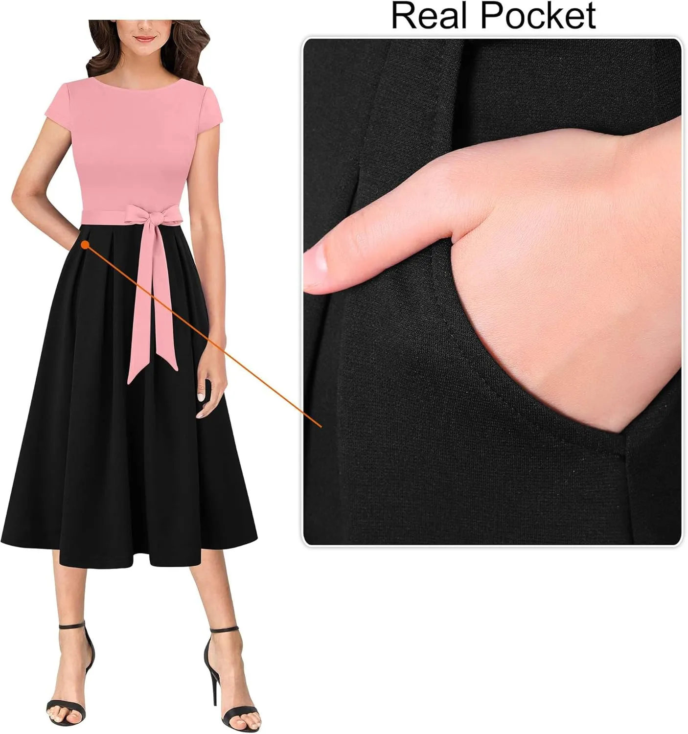 VFSHOW Womens Elegant Patchwork Pockets Belted Pleated Work Office Business Casual Party A-Line Midi Dress