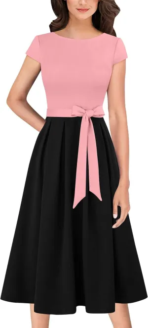 VFSHOW Womens Elegant Patchwork Pockets Belted Pleated Work Office Business Casual Party A-Line Midi Dress