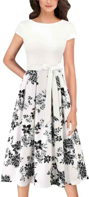 VFSHOW Womens Elegant Patchwork Pockets Belted Pleated Work Office Business Casual Party A-Line Midi Dress