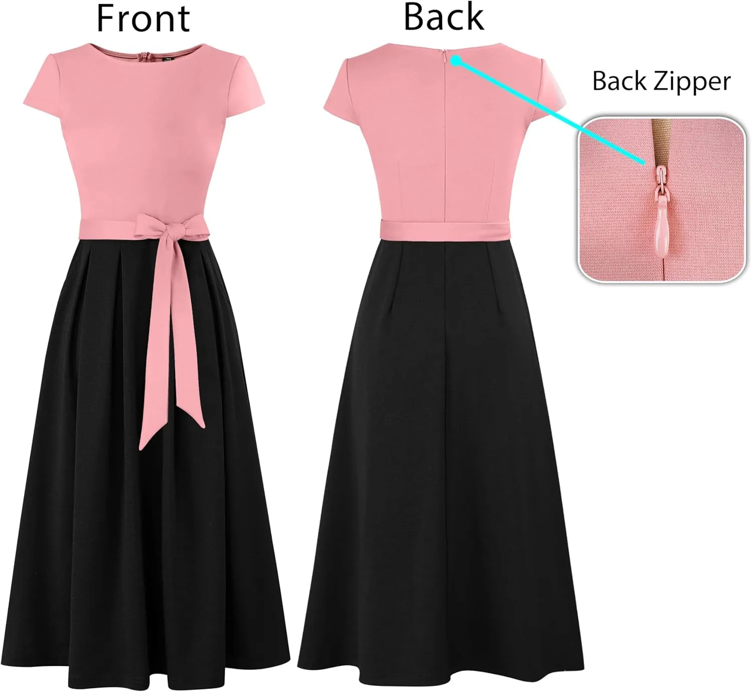 VFSHOW Womens Elegant Patchwork Pockets Belted Pleated Work Office Business Casual Party A-Line Midi Dress