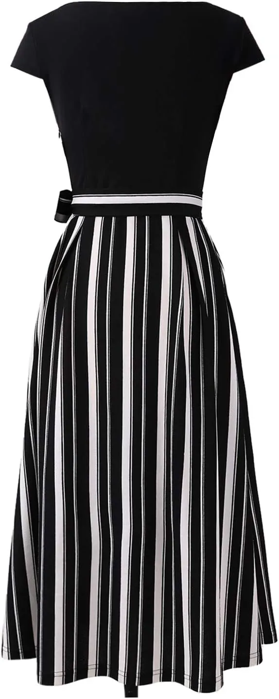 VFSHOW Womens Elegant Patchwork Pockets Belted Pleated Work Office Business Casual Party A-Line Midi Dress