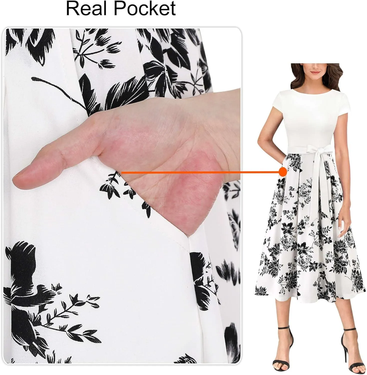 VFSHOW Womens Elegant Patchwork Pockets Belted Pleated Work Office Business Casual Party A-Line Midi Dress