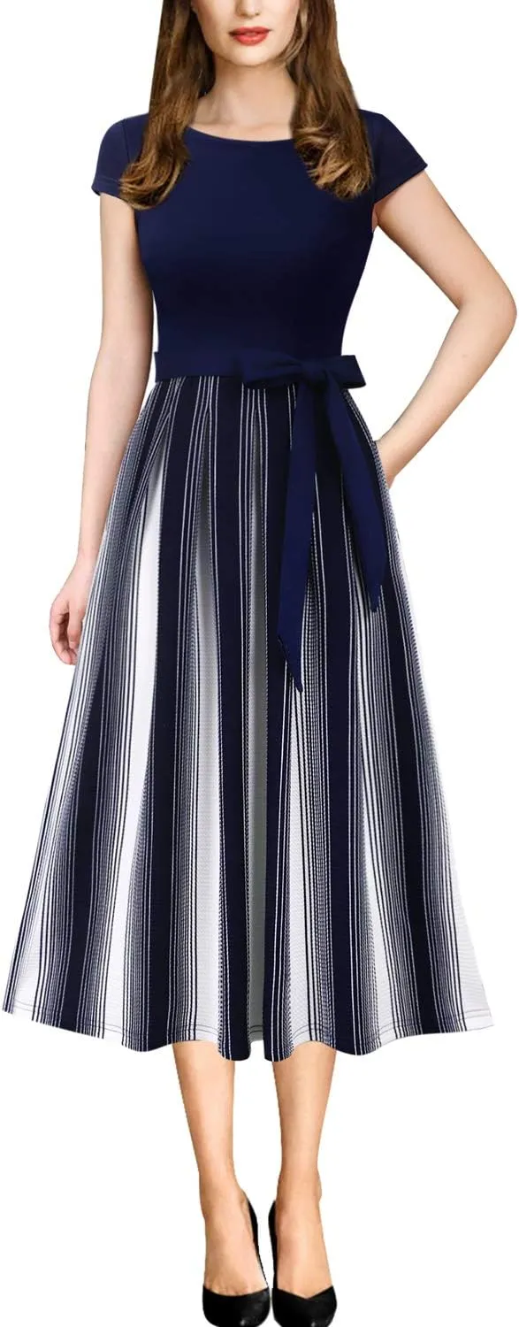 VFSHOW Womens Elegant Patchwork Pockets Belted Pleated Work Office Business Casual Party A-Line Midi Dress