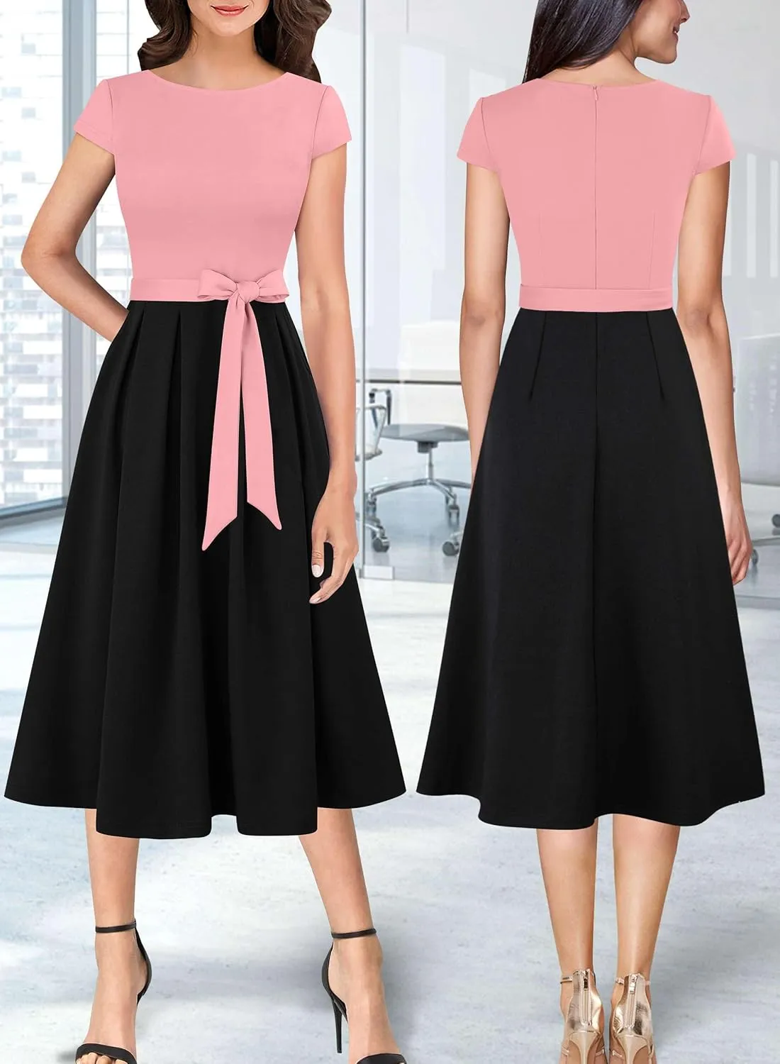 VFSHOW Womens Elegant Patchwork Pockets Belted Pleated Work Office Business Casual Party A-Line Midi Dress