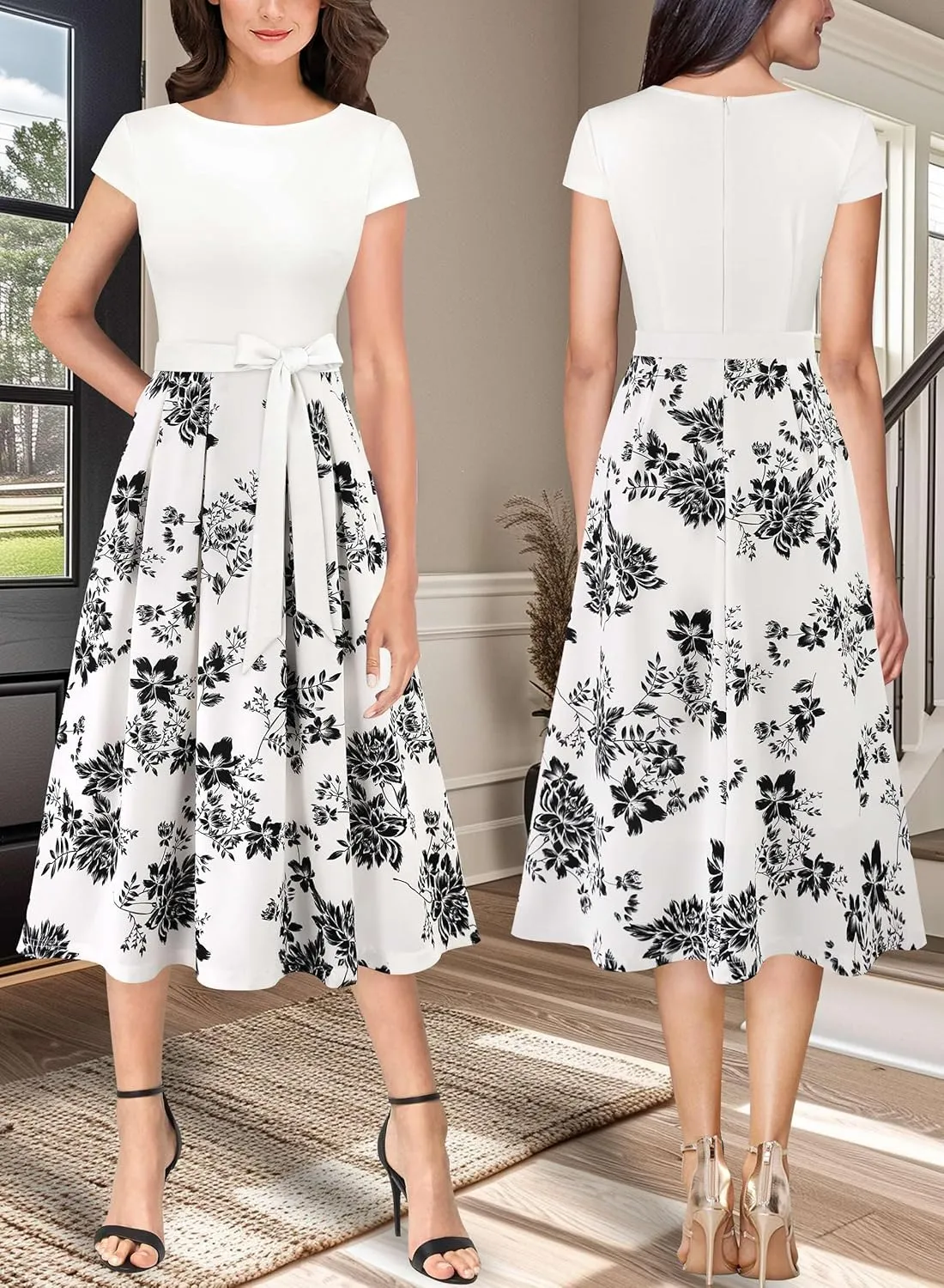 VFSHOW Womens Elegant Patchwork Pockets Belted Pleated Work Office Business Casual Party A-Line Midi Dress