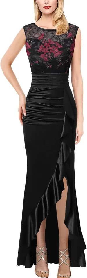 VFSHOW Womens Prom Illusion Sweetheart Formal Maxi Dress Cocktail Patchwork Ruched Ruffle High Split Evening Long Gown