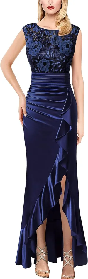 VFSHOW Womens Prom Illusion Sweetheart Formal Maxi Dress Cocktail Patchwork Ruched Ruffle High Split Evening Long Gown