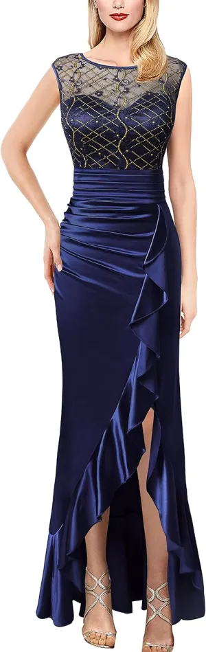 VFSHOW Womens Prom Illusion Sweetheart Formal Maxi Dress Cocktail Patchwork Ruched Ruffle High Split Evening Long Gown