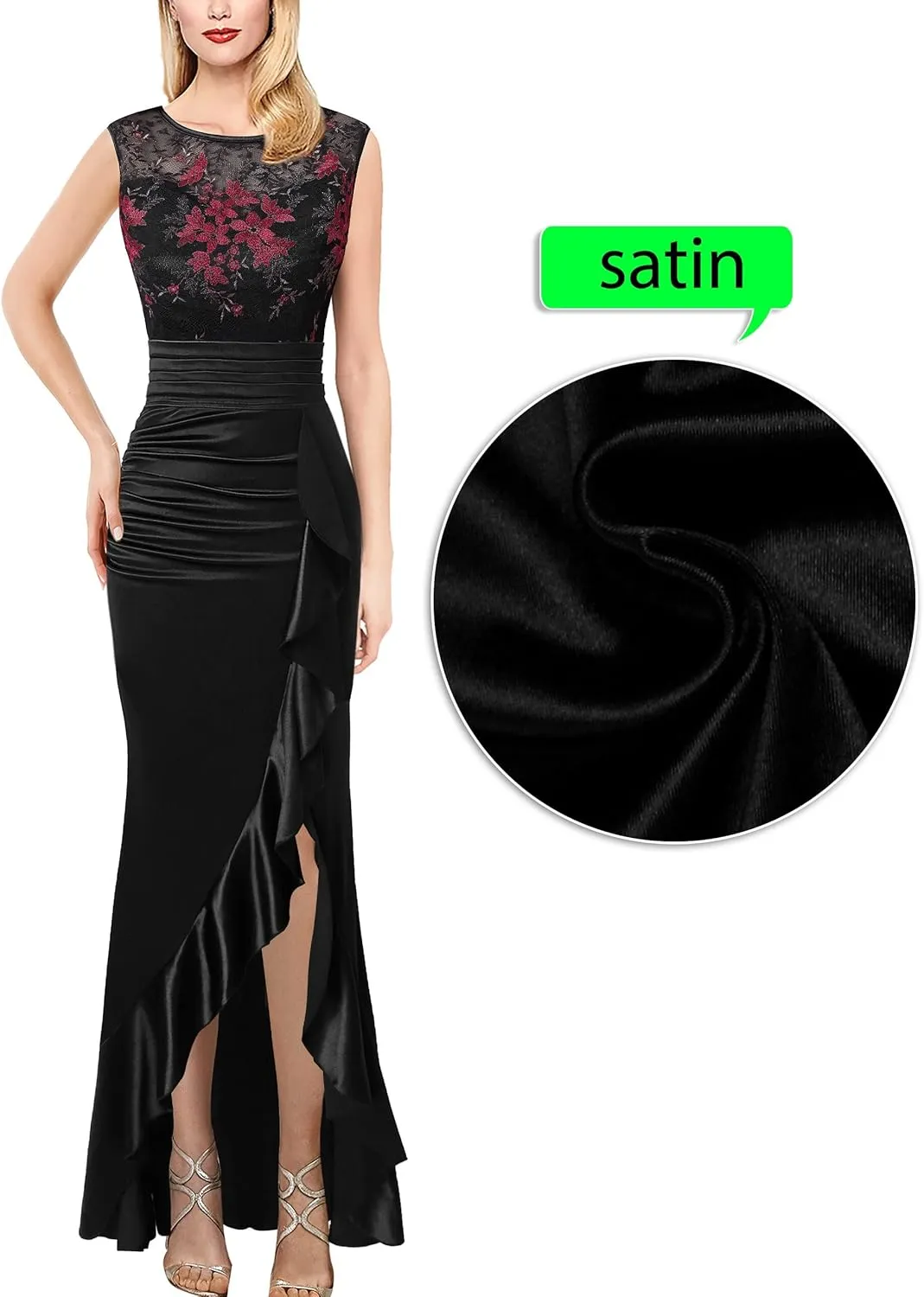 VFSHOW Womens Prom Illusion Sweetheart Formal Maxi Dress Cocktail Patchwork Ruched Ruffle High Split Evening Long Gown