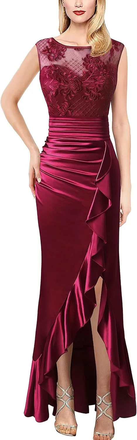 VFSHOW Womens Prom Illusion Sweetheart Formal Maxi Dress Cocktail Patchwork Ruched Ruffle High Split Evening Long Gown