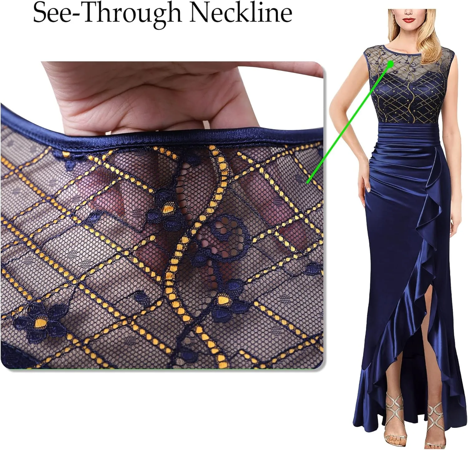 VFSHOW Womens Prom Illusion Sweetheart Formal Maxi Dress Cocktail Patchwork Ruched Ruffle High Split Evening Long Gown