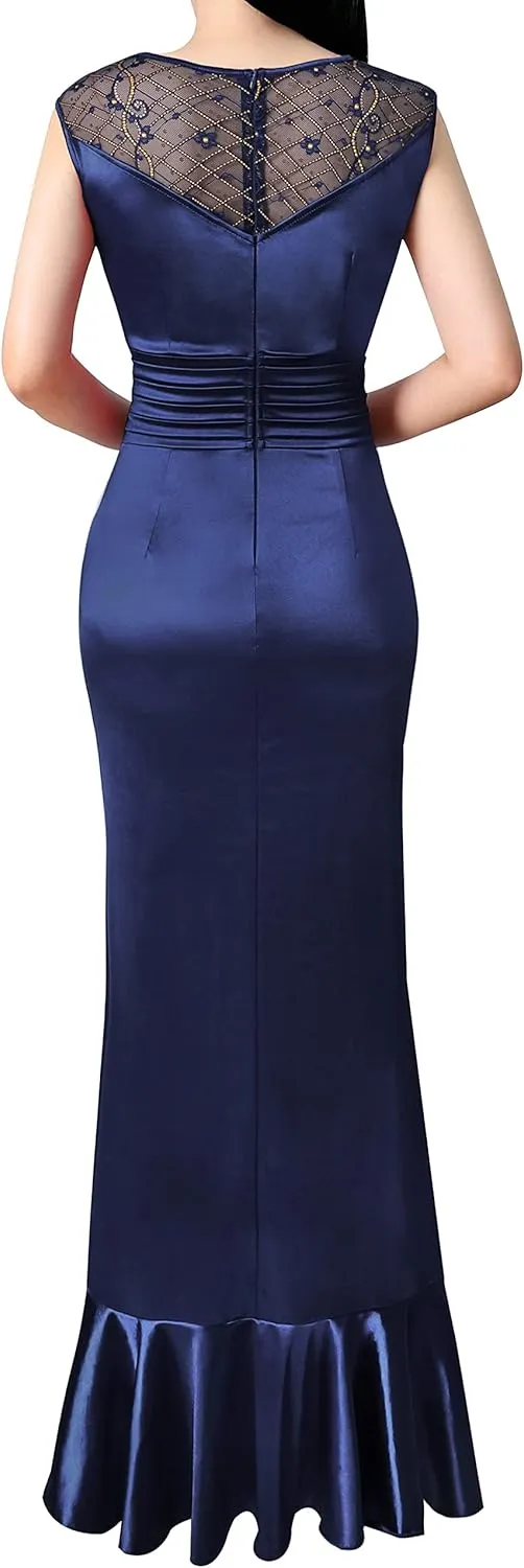 VFSHOW Womens Prom Illusion Sweetheart Formal Maxi Dress Cocktail Patchwork Ruched Ruffle High Split Evening Long Gown